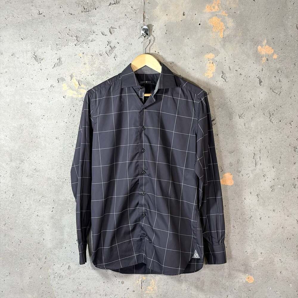 Hammer Made Black Windowpane Print Long Sleeve Cotton Dress Shirt Sz S